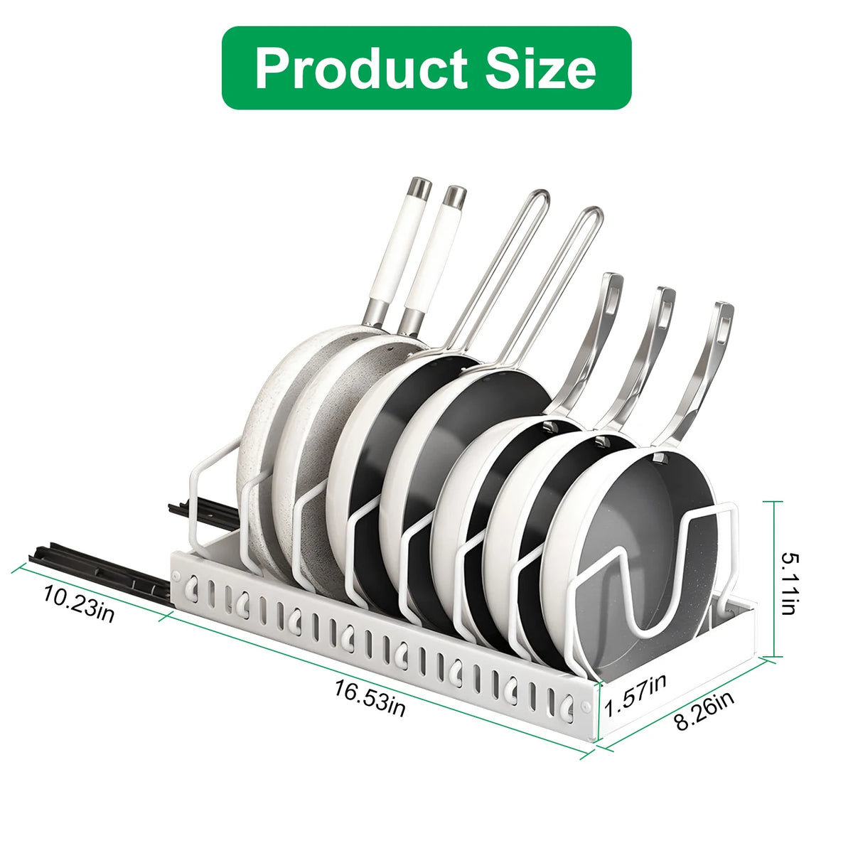 Adjustable Carbon Steel Sliding Cookware Storage Rack, Anti-Rust Pull Out Pan Lid Holder for Cutting Boards Baking Sheets Bakeware-white
