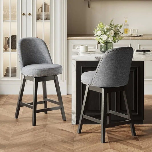 Swivel Bar Stools Set o 2, Upholstered fabric Century Modern Barstools, 26 inch Counter Height Bar Chairs with Solid Back and Wood