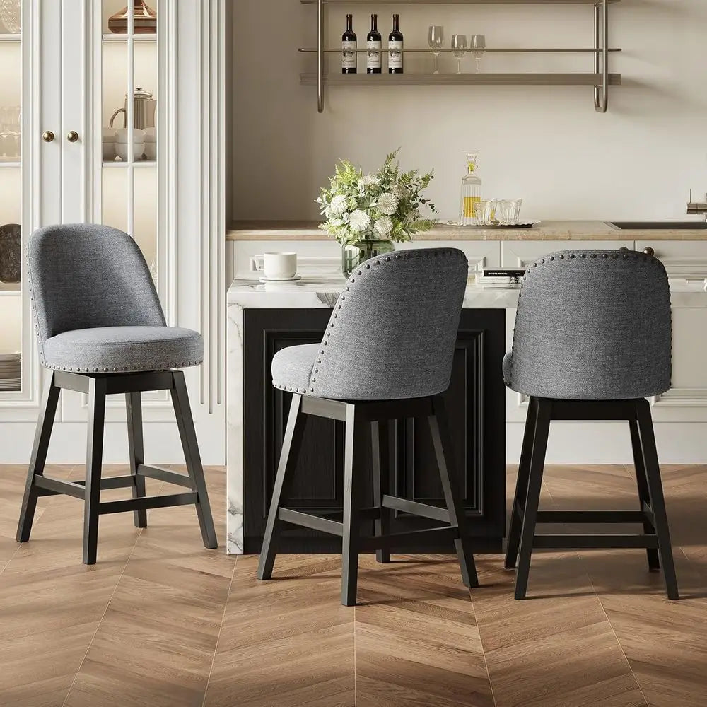 Swivel Bar Stools Set o 2, Upholstered fabric Century Modern Barstools, 26 inch Counter Height Bar Chairs with Solid Back and Wood