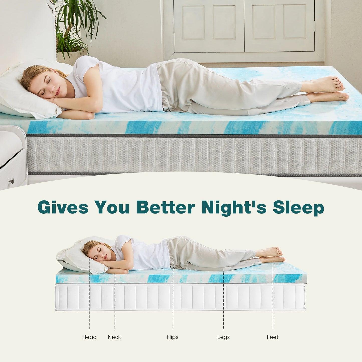 JHK 2 Inch Gel Memory Foam Mattress Topper Full Size Cooling Mattress Soft and Breathable Bed Topper School Bedroom Furniture