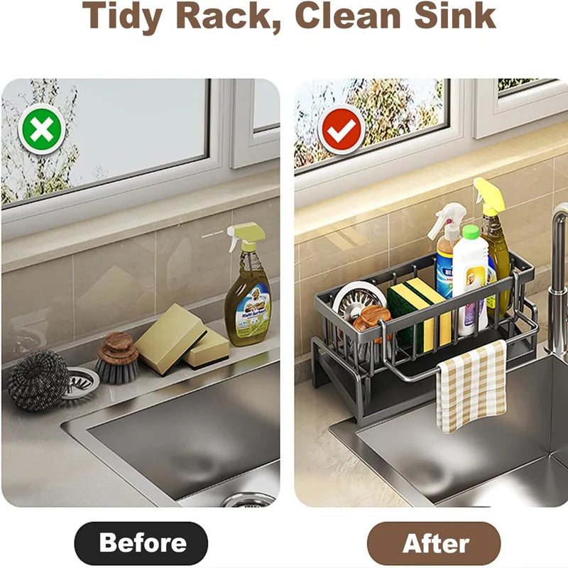 Kitchen Sink Organizer Carbon Steel with Tilted Water Tray Storage Rack for Sponge Brush 23×9×10cm
