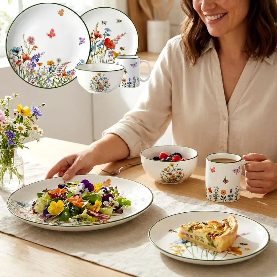 16 Pcs Wildflower Ceramic Dinnerware Set for 4 Guest Floral Dish Set Spring Butterfly Dinner Plates Salad Plates Bowl Mug