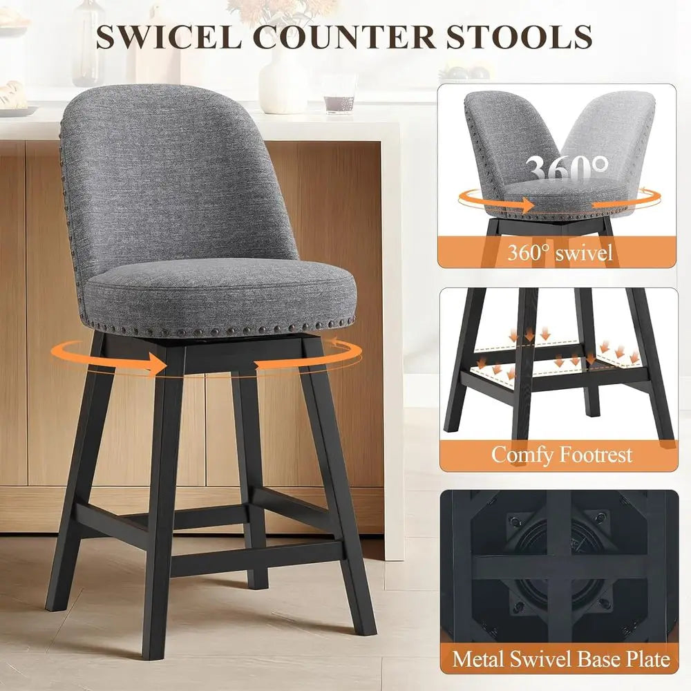 Swivel Bar Stools Set o 2, Upholstered fabric Century Modern Barstools, 26 inch Counter Height Bar Chairs with Solid Back and Wood