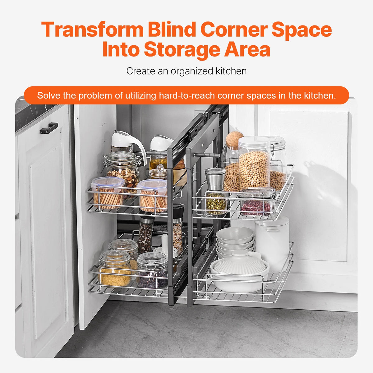 2/3Tier Opening Blind Corner Pull Out Organizer 4 Shelf Kitchen Cabinet Organizer Slide Out Storage Organizer Basket