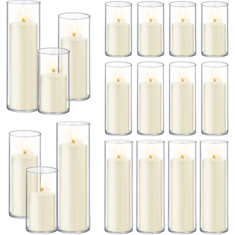 36 PCS Ivory White Pillar Candles with Glass Candle Holders Clear Hurricane Candle Holders Glass Cylinder Vases for Centerpieces