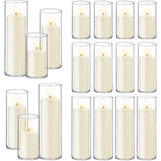 36 PCS Ivory White Pillar Candles with Glass Candle Holders Clear Hurricane Candle Holders Glass Cylinder Vases for Centerpieces