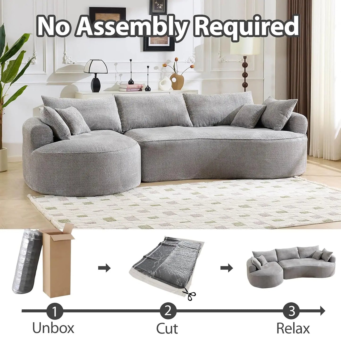 126.4" Oversized L-Shaped Boneless Sofa, Deep Seat Sectional Couch with Curved Seat Design and 7 Pillows,, Customized