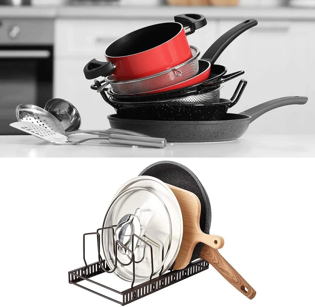 Pot Lids Organizer Rack for Cabinet and Countertop, 7+ Pan Lids and Bakeware Organizer Rack Holder with 7 Compartments